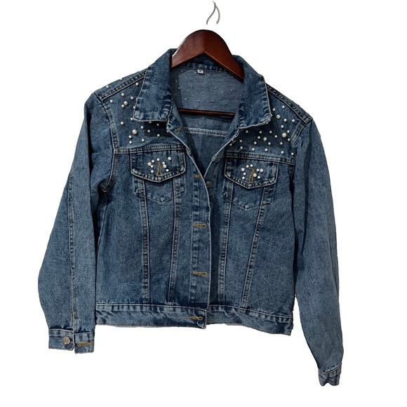 Ladies jean jacket with pearls size small - Picture 2 of 10